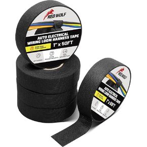 RED WOLF Wire Harness Tape 1 Inch 50 FT High Temp Wiring Loom Harness Self-Adhesive Felt Cloth Electrical Tape for Automotive Engine Electrical No Residue Fabric Insulated Black 5 Rolls