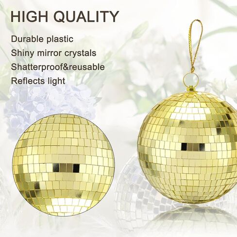 MECCANIXITY Mirror Ball, 4, 6, 8 Inch Glass Disco Balls Decoration Disco Reflective Balls with Hanging Ring Gold for DJ Club Stage Wedding Holiday Bar Party Decorations Pack of 4 in Saudi Arabia