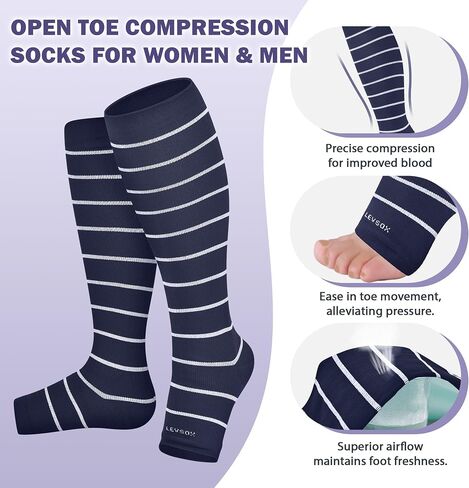 LEVSOX Open Toe Compression Socks for Women & Men 20-30mmHg Toeless Sock Knee High Support Stockings for Circulation Nurses Pregnant Travel in Kuwait