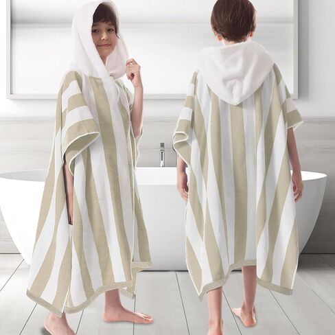 VOOVA & MOVAS Big Kids Towel Poncho with Hood (8-16Years), 100% Cotton Thick Poncho Towel Robe for Kids, Perfect for Pool, Beach, Bathroom, Blue Green Stripe in Saudi Arabia