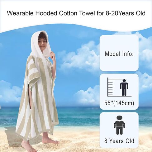 VOOVA & MOVAS Big Kids Towel Poncho with Hood (8-16Years), 100% Cotton Thick Poncho Towel Robe for Kids, Perfect for Pool, Beach, Bathroom, Blue Green Stripe in Saudi Arabia