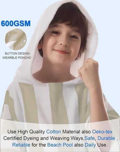VOOVA & MOVAS Big Kids Towel Poncho with Hood (8-16Years), 100% Cotton Thick Poncho Towel Robe for Kids, Perfect for Pool, Beach, Bathroom, Blue Green Stripe in Saudi Arabia