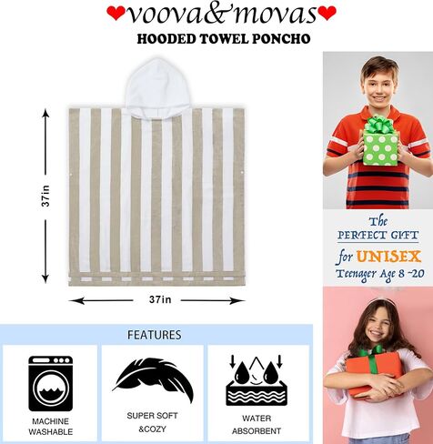 VOOVA & MOVAS Big Kids Towel Poncho with Hood (8-16Years), 100% Cotton Thick Poncho Towel Robe for Kids, Perfect for Pool, Beach, Bathroom, Blue Green Stripe in Saudi Arabia
