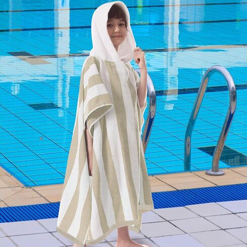 VOOVA & MOVAS Big Kids Towel Poncho with Hood (8-16Years), 100% Cotton Thick Poncho Towel Robe for Kids, Perfect for Pool, Beach, Bathroom, Blue Green Stripe in Saudi Arabia