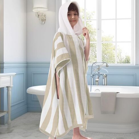 VOOVA & MOVAS Big Kids Towel Poncho with Hood (8-16Years), 100% Cotton Thick Poncho Towel Robe for Kids, Perfect for Pool, Beach, Bathroom, Blue Green Stripe in Saudi Arabia