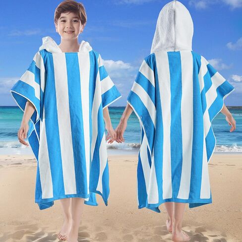 VOOVA & MOVAS Big Kids Towel Poncho with Hood (8-16Years), 100% Cotton Thick Poncho Towel Robe for Kids, Perfect for Pool, Beach, Bathroom, Blue Green Stripe in Saudi Arabia