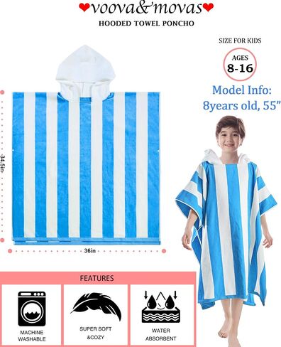 VOOVA & MOVAS Big Kids Towel Poncho with Hood (8-16Years), 100% Cotton Thick Poncho Towel Robe for Kids, Perfect for Pool, Beach, Bathroom, Blue Green Stripe in Saudi Arabia
