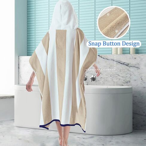 VOOVA & MOVAS منشفة الشاطئ بغطاء للرأس للأطفال الكبار | رداء منشفة بونشو كبير (8-16 سنة) مصنوع من القطن ناعم وذو قدرة على الامتصاص لحمام السباحة والسباحة والحمام، مخطط بلون أسمر كابانا in Kuwait