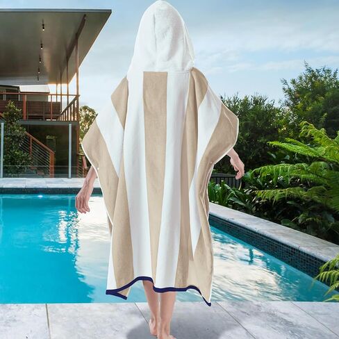 VOOVA & MOVAS منشفة الشاطئ بغطاء للرأس للأطفال الكبار | رداء منشفة بونشو كبير (8-16 سنة) مصنوع من القطن ناعم وذو قدرة على الامتصاص لحمام السباحة والسباحة والحمام، مخطط بلون أسمر كابانا in Kuwait