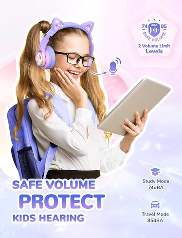 Cat Ear Bluetooth Headphones by iClever | SafeSound Tech, 50H Playtime, USB C Charging, AUX Cable, Stereo Sound, Kids Headphones Wireless with Mic for Tablet, Pink in Saudi Arabia
