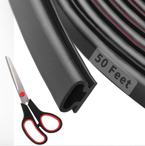 50 Feet D-Shape Rubber Weather Stripping Door Seal Strip, Fingwerk Self-Adhesive Backing Door Weatherstripping for Door Frame Insulation Large Gap, Easy Cut to Size with Tailor Scissors(Black) in Kuwait