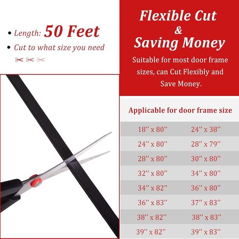 50 Feet D-Shape Rubber Weather Stripping Door Seal Strip, Fingwerk Self-Adhesive Backing Door Weatherstripping for Door Frame Insulation Large Gap, Easy Cut to Size with Tailor Scissors(Black) in Kuwait