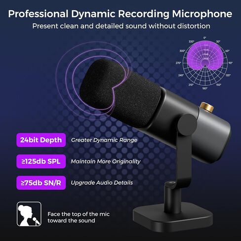 XLR/USB Podcast Microphone for Recording/Gaming/Streaming, Professional Studio Microphone with Desktop Stand, Mute Button, Headphone Jack, Dynamic Microphone for PC/Audio Interface (AM15X) in Saudi Arabia
