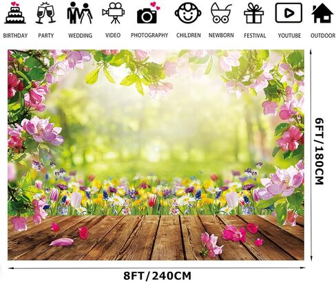 Alltten 8x6ft خلفية الربيع الربيع الزهور الوردية التصوير خلفية الطبيعة خلفية عيد الفصح الخشب الكلمة خلفية الصورة استحمام الطفل الاطفال التقاط الصور راية الصورة كشك الدعائم F43 in Kuwait