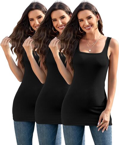 3Packs Cotton Ribbed Square Neck Long Tank Top for Women Yoga Top Layering Undershirts Camisole in Kuwait