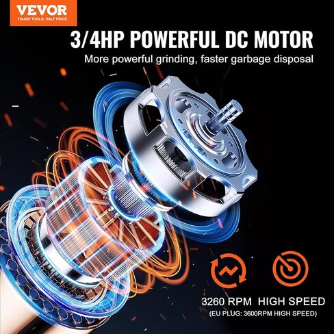 VEVOR Garbage Disposal, 1/2 HP 3450RPM Continuous Feed Food Waste Disposer, 3-Bolt Mount Food Waste Grinding System with Sound Reduction, Power Cord & Splash Guard for Kitchen Sinks in Saudi Arabia