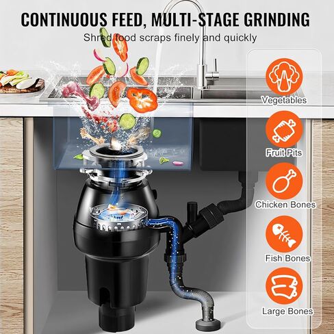 VEVOR Garbage Disposal, 1/2 HP 3450RPM Continuous Feed Food Waste Disposer, 3-Bolt Mount Food Waste Grinding System with Sound Reduction, Power Cord & Splash Guard for Kitchen Sinks in Saudi Arabia