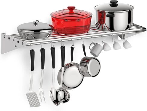 Metal Kitchen Rack for Storage and Organization, [NSF Certified] 12" x 36" Stainless Steel Wall Mount Shelf with 10 S Hooks for Hanging Pots, Pans, Cookware in Home and Restaurant in Kuwait