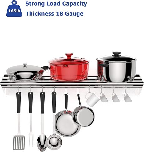 Metal Kitchen Rack for Storage and Organization, [NSF Certified] 12" x 36" Stainless Steel Wall Mount Shelf with 10 S Hooks for Hanging Pots, Pans, Cookware in Home and Restaurant in Kuwait