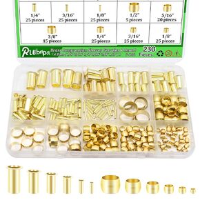 230PCS Brass Compression Sleeves Ferrules & Insert 1/2" 3/8" 5/16" 1/4" 3/16" 1/8"-6 Sizes Compression Fittings Assortment Kit for DOT Air Brake LIne Fittings Connect Lines for Air,Water,Fuel