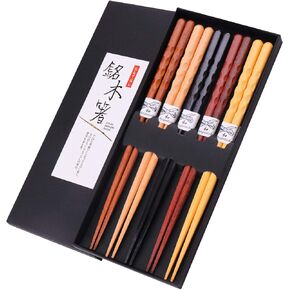 GLAMFIELDS Reusable Chopsticks Japanese Natural Wooden 5 Pairs Classic Style Lightweight Hand-Carved Safe Chop Sticks 8.8 Inch/22.5cm Gift Set