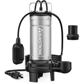 Aquastrong 1HP Sewage Grinder Pump, Stainless Steel, 115V Automatic Float Switch, Submersible Effluent/Sump Pump for Sump Basin, Basement Residential Sewage, 2'' NPT Discharge