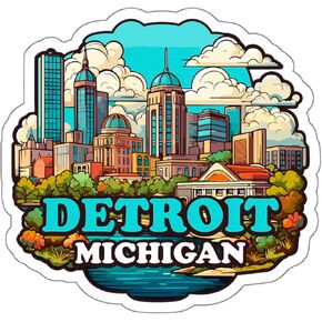 Detroit Michigan Sticker Travel Weatherproof Souvenir Decal Vinyl Small Waterproof for Water Bottle Mug Passport Notebook Laptop Computer Phone Car Stickers Size 4" ID44990