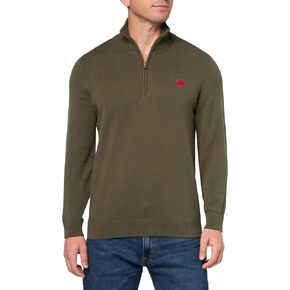 HUGO Men's Quarter Zip Woven Logo Cotton Sweater