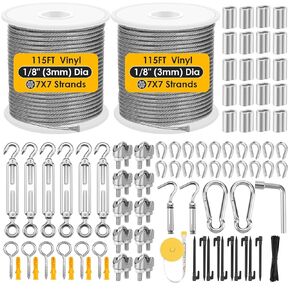 230FT 1/8" Wire Rope Kit,2 Rolls Steel Cable with M5 Turnbuckles for Cables Wire, Vinyl Coated Stainless Steel Cable Wire, Aircraft Cable,7x7 Marine Metal Cable for Outdoor, Garden