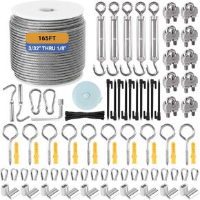 Steel Wire Cable,1/8" Wire Rope Kit,165FT Stainless Steel Cable, Vinyl Coated Steel Wire Cable with M5 Turnbuckles Accessories,Clothes Line Cable for Deck Railing,Climbing Plant,String Light Hanging