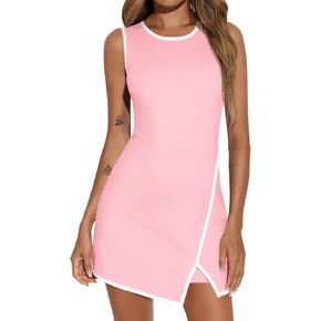 Fisoew Women's Workout Tennis Dress with Built-in Bra & Shorts Pockets Sleeveless Crewneck Golf Athletic Mini Dresses