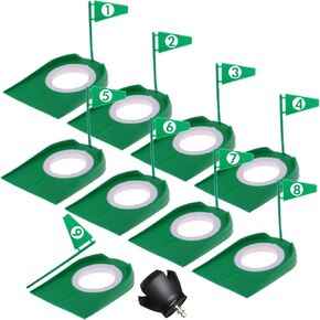 9 Pack Golf Putting Cups with Flags, Plastic Golf Training Aids with Golf Ball Retriever Golf Hole, Putting Training Hole Set for Indoor Outdoor Office Backyard Garage, Dark Green