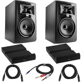 JBL 2 Pack 305P MkII Powered 5-Inch Dual 41W Two-Way Studio Monitor (Black) Bundle with 2 Pack Isolation Pad, 2 Pack XLR M to XLR F Microphone Cable 15-Foot, Y Splitter Cable 10-Foot