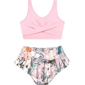 Qaoerde Girls Swimsuit Tropical Print Bikini Set with Ruffle Hem Two Piece Criss Cross Bathing Suits for Girls 7-14 Years