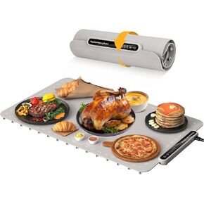 Qimh Food Warming Mat, Electric Warming Tray for Parties Buffet, Full Silicone Surface with 4 Temperature Setting & 10s Rapid Heating, Portable Food Heater for Countertop, Familly Gatherings, Sabbath