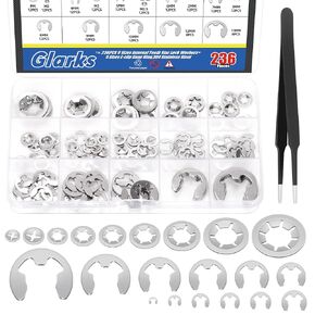 Glarks 237pcs 304 stainless steel Internal Tooth Star Lock Washers and E-clip Retaining Rings Kit Includes 100pcs 9 Sizes Push on Locking Washers and 136pcs 12 Sizes E-Ring Circlip Rings and A Tweezer