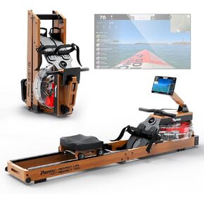 PASYOU Water Rowing Machines for Home Oak Wood Foldable Rower Machine 330LB Weight Capacity, 6 Levels Adjustable Row Machines with Monitor & Device Holder & 14L Tank, Bluetooth with Kinomap APP