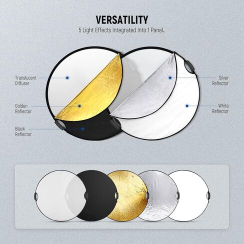 NEEWER 80cm Light Reflector with Handle & 3/8" Thread, 5 in 1 Foldable Round Light Diffuser, Translucent/Silver/Gold/White/Black for Studio or Outdoor Photo Lighting, RF-110II in Saudi Arabia