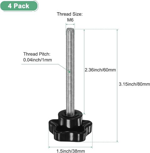 4-Pack Star Clamping Knobs, M6x60mm Male Thread Hand Tightening Screw for Machinery/Electronic/Furniture/Umbrella Base, Machine Handle Replacement [Stainless Steel, Black] in Saudi Arabia