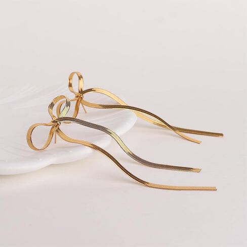 Bow Dangle Drop Tassel Earrings for Women Statement Elegant Long Chain Dangly Ribbon Fringe Waterfall Dangling Wedding Prom Fashion Jewelry Gift in Kuwait