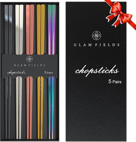 GLAMFIELDS Reusable Chopsticks Japanese Natural Wooden 5 Pairs Classic Style Lightweight Hand-Carved Safe Chop Sticks 8.8 Inch/22.5cm Gift Set in Kuwait