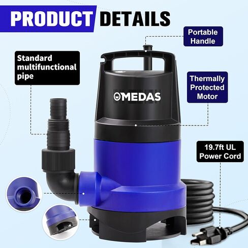 MEDAS 1HP 3434 GPH Sump Pump Submersible Clean/Dirty Water Pump Portable Utility Pump with 16.4ft Cord for Swimming Pool Garden Basement Tub Pond Draining in Kuwait