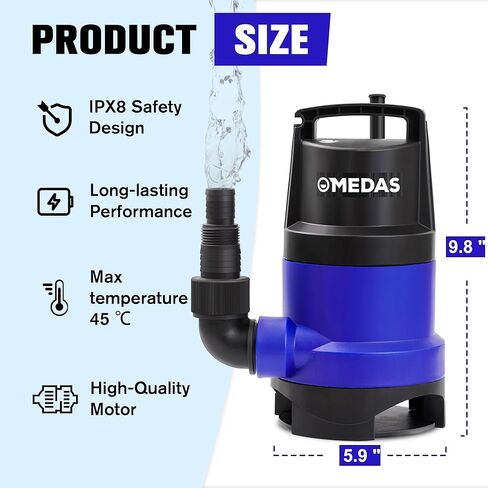 MEDAS 1HP 3434 GPH Sump Pump Submersible Clean/Dirty Water Pump Portable Utility Pump with 16.4ft Cord for Swimming Pool Garden Basement Tub Pond Draining in Kuwait