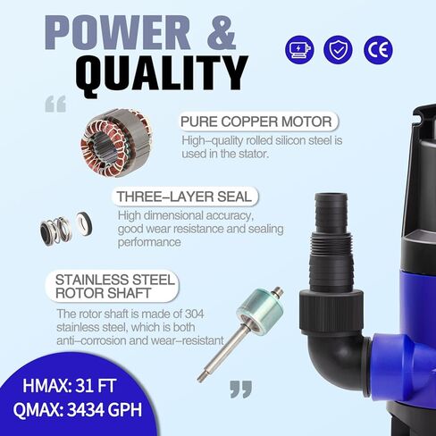 MEDAS 1HP 3434 GPH Sump Pump Submersible Clean/Dirty Water Pump Portable Utility Pump with 16.4ft Cord for Swimming Pool Garden Basement Tub Pond Draining in Kuwait