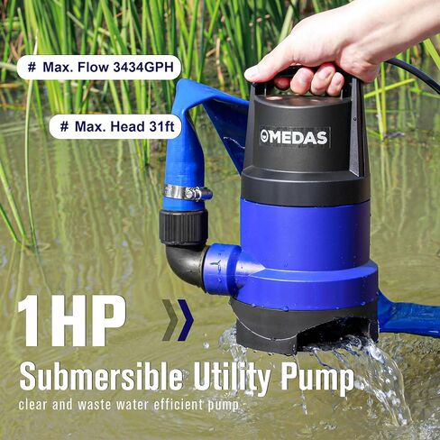 MEDAS 1HP 3434 GPH Sump Pump Submersible Clean/Dirty Water Pump Portable Utility Pump with 16.4ft Cord for Swimming Pool Garden Basement Tub Pond Draining in Kuwait