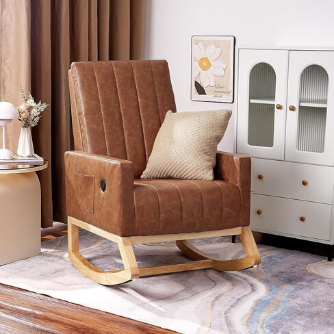 VECELO Rocking Chair Nursery, Modern Upholstered Glider Rocker with USB Port and Side Pocket, High Backrest Padded Seat Accent Armchair for Living Room, Nursery, Bedroom in Saudi Arabia