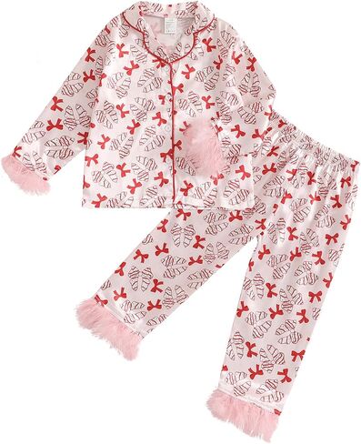 Toddler Baby Girl Satin Pajamas Set Fuzzy Trim Button Down Sleep Shirt Top Pants Bottoms Sleepwear Loungewear Set (X Red, 18-24 Months) in Saudi Arabia