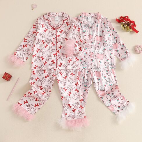 Toddler Baby Girl Satin Pajamas Set Fuzzy Trim Button Down Sleep Shirt Top Pants Bottoms Sleepwear Loungewear Set (X Red, 18-24 Months) in Saudi Arabia