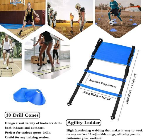 Speed Agility Training Set, Includes Agility Ladder, Jump Rope, Resistance Parachute, 5 Resistance Bands, 10 Cones, Speed Training Equipment for Soccer Football in Saudi Arabia