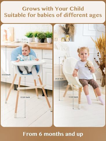 3-in-1 High Chair for Babies and Toddlers - Convertible Wooden Baby Highchair for Eating with Safety Belt, Foldable Baby Feeding Chair with 3-Position Removable Tray, Adjustable Legs (Beige) in Saudi Arabia